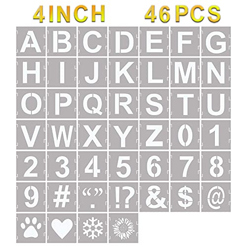 YEAJON 46 Pcs Letter Stencils Symbol Numbers Craft Stencils, Reusable Alphabet Templates Interlocking Stencil Kit for Painting on Wood, Wall, Fabric, Rock, Chalkboard, Sign, DIY Art Projects (4 Inch) - size: 4 INCH