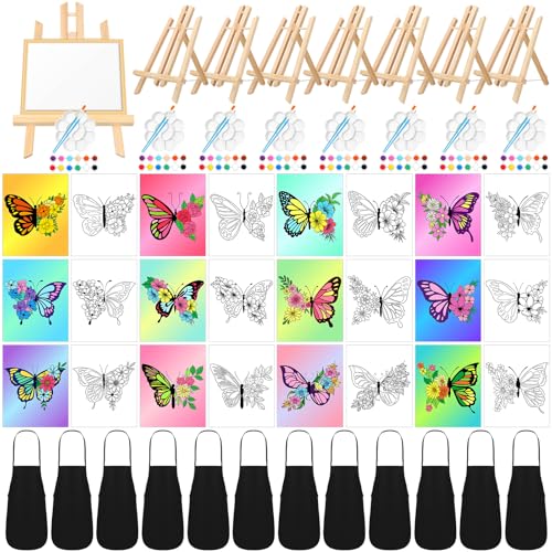 Motipuns 12 Set Butterfly Flower Pre Drawn Canvas for Paint for Adults | 8 x 10 Inch, Sip and Paint Party Kit, Pre Printed Framed Canvas with Easels Paints Brushes Aprons, Adult Art Party Supplies - style: Butterfly Flower