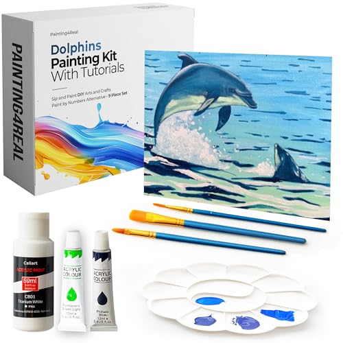 DIY Painting Class Kits for Adults with Video Tutorials, Learn to Paint Dolphin, How to Paint with Acrylic Paint Sets for Adult, 9 Peices Art Set & Painting Supplies Gifts for Mom - color: Playful Dolphins