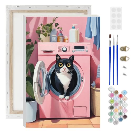 Lxmsja Cat Plants Paint by Numbers Kit for Adults, Washing Scene Acrylic Paint by Numbers for Adults Beginner, DIY Craft Supplies Oil Painting Kits for Home Wall Decor 8x12 inch (Framed) - color: pink#094
