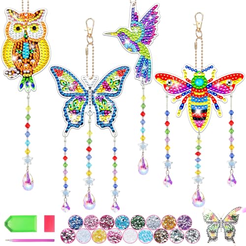 Diamond Art Kits for Kids/Adults, 4Pcs DIY Crafts for Kids Ages 8-12 | Birthday Gifts for 6 7 8 9 10 11 Year Old Girl, Diamond Painting Kits wind chimes Crystal Window Suncatcher Home Garden Decor - color: dongwu
