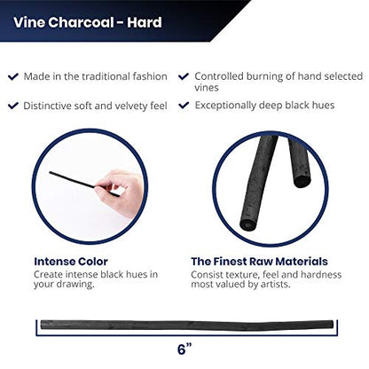 Pacific Arc Artist Vine Charcoal, Hard, Black 12 Pieces, Artist Vine Charcoal Sticks, Hard and Smooth Drawing Charcoal - style: Hard | 12 Sticks