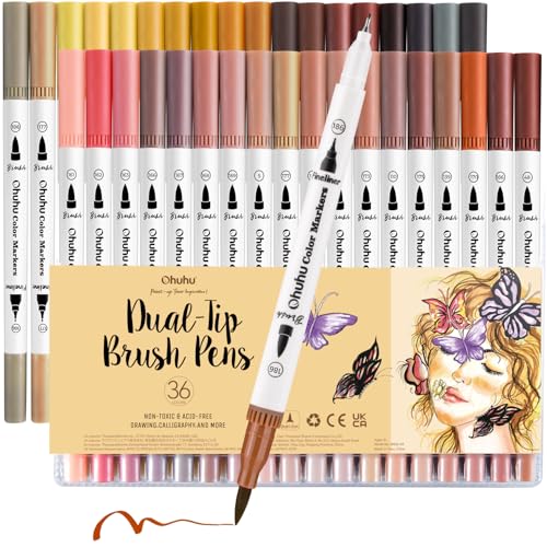Ohuhu Skin Tone Markers 36 Colors: Dual Tip Brush and Fineliner Markers for Adult Coloring Water Based Art Skintone Marker Pens Set for Portrait Drawing Lettering Writing Calligraphy Journaling - Maui - style: 36 Colors
