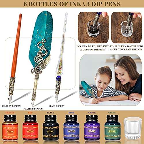 Feather Ink Set, With Quill Pen, Wooden Dip Pen, Glass Dip Pen, 6 Bottles Ink, 16 Letter Paper, 2 Envelopes, 17 Nibs, Pen Holder, 2 Bottles Fire Lacquer Wax, Stamp, Spoon, White Wax, Cup(Green) - color: Green