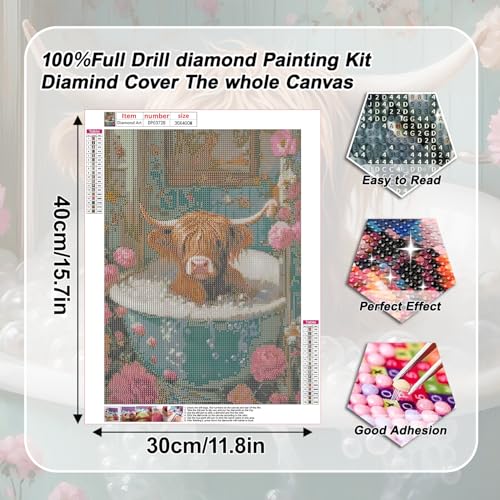 YULIDECO Highland Cow Square Diamond Art,DIY Bathroom Diamond Art Kits for Adults,Full Drill Diamond Painting Kit,Home Wall Art Diamond Painting(12x16 Inch)