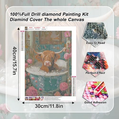 YULIDECO Highland Cow Square Diamond Art,DIY Bathroom Diamond Art Kits for Adults,Full Drill Diamond Painting Kit,Home Wall Art Diamond Painting(12x16 Inch)