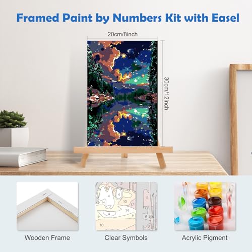 MOGTAA Starry Sky Paint by Numbers Kit for Adults Beginners with Frame, Lake and Mountains Adult Paint by Number Kits on Canvas with Easel, Easy DIY Oil Painting Kits for Home Decor, 8x12in - color: Starry Sky2