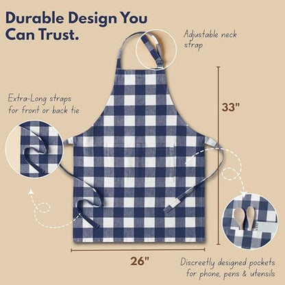Native Fab Kitchen Apron 2 Pack - 100% Cotton Adjustable, Durable Apron with Pockets, Perfect for Cooking, Baking, Grilling - color: Buffalo, Navy Blue