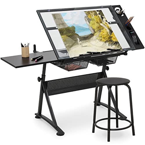 Adjustable Height Drafting Table with Stool, Modern Style, Tough Glass Top, 28-36 in Length, 19 in Width, 30 in Height, Ideal for Artists, Designers, Office, Studio | Tough Glass Top, 28-36 in Length, 19 in Width, 30 in Height, Ideal for Artists, Designer