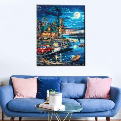 Paint by Number Lake Night Scenery Cabin Landscape DIY Painting On Canvas with Brushes Acrylic Paints Lakeside Nature Landscape Paint by Numbers for Adults Students Beginner 16x20 Inch（without Frame） - color: Nature Scenery 01, size: 16''x20''(Frameless)
