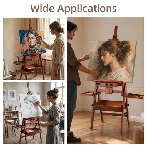 Horizontal Beechwood Studio Easel with Drawer and Palettes, Walnut | H-Frame Solid Wooden Painting Easel for Students, Beginners, and Artists, Hold Canvas to 50Inches High - style: Horizontal Walnut