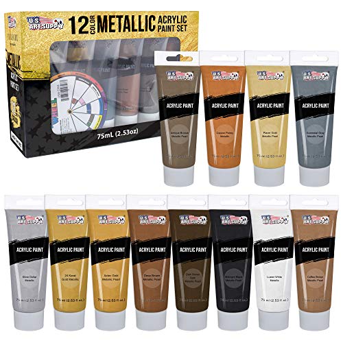 U.S. Art Supply Professional Metallic Acrylic Paint Set - 12 Rich Metallic Colors, 75ml Tubes - Craft Paint for Canvas, Wood, Rock, Model Painting