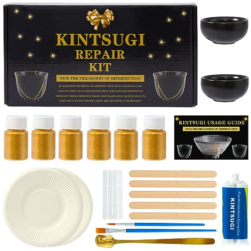 deuvuo Kintsugi Repair Kit Gold, 21 Pcs Authentic Kintsugi Repair Kit to Revive Your Broken Ceramic, Pottery, Mug, Bowl, Glass Keepsakes with Ease - Japanese Art DIY Set Bio for Beginners