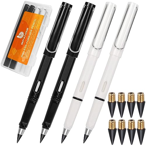Everlasting Pencils,Inkless pen,lapiz infinito,No Sharpen 0.7mm, 4Pcs Pencils With 8Pcs Replaceable Pencil Leads(Black White) - color: 4 Pcs Black+White