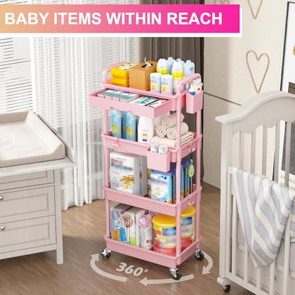 Goovilla 4 Tier Rolling Utility Cart Organizer with Removable Drawer, Pink | Stable and Sturdy Rolling Storage Carts with 2 Lockable Wheels for Bathroom, Kitchen, Snack, Craft, Makeup, Baby Essentials - size: 4 Tier, style: Pink