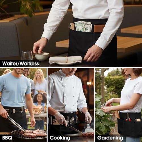 BOHARERS Cotton Server Aprons 3 Pack Waiter Waitress Apron Short Apron with Pockets Restaurant BBQ 12 Inch Black - color: 03 Pack Black