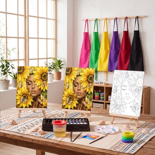 Cholemy 8 Set Paint and Sip Kit for Adults 8'' x 10'' Pre Drawn Canvas with Wooden Easels Acrylic Paint Brushes Wash Cup Palette Apron for Painting DIY Date Night Party Supplies(Sunflower Woman) - style: Sunflower Woman