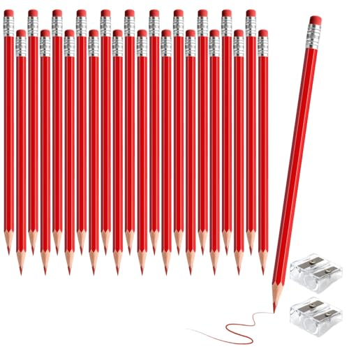 24PCS Erasable Colored Pencils with Eraser Pre Sharpened Pencil 2 HB - Ideal for Checking, Grading, Tests & Office/School Supplies (Red) - color: red