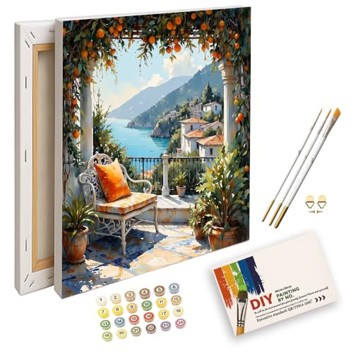 ENTORLAB Mediterranean Balcony Paint by Numbers Kit for Adults - DIY Orange Patio View Painting on Canvas 12X16IN Framed, Acrylic Paint Set, Suitable for Beginners, Art for Home Decoration or Gifts - color: FM07515, size: 12X16IN Framed