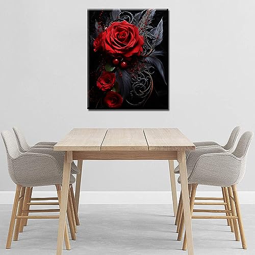 Exquisite Black Feather And Red Rose DIY Painting by Number for Adults and Beginner Beautiful Dark Style Paint by Numbers on Canvas Easy to Paint Artwork with Brushes and Paint Without Frame 16x20inch - color: Artwork-05, size: 16''x20''(Frameless)