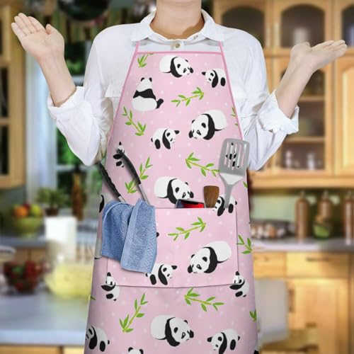 Apron with 2 Pockets,Kitchen Chef Artist Aprons for Cooking Gardening Baking Painting, Waterproof Apron 33" x 27" - color: Panda