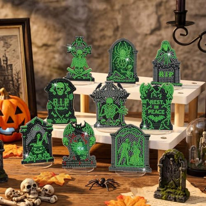 Kosiz 9 Pcs Halloween Diamond Painting Tabletop Decorations Tombstone Diamond Art Kits for Adults Double Sided Acrylic Tombstone Skull Centerpieces Sign for Table Beginner DIY Crafts Gifts Party Decor - style: Tombstones