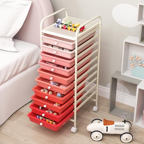 RELAX4LIFE Craft Organizers and Storage Cart - Rolling Cart with 10 Drawers, Lockable Casters for Tools, Trolley Cart with Wheels, Utility Cart for School, Home Office, Craft Cart (Gradient Pink) - color: Gradient Pink, size: 34''H