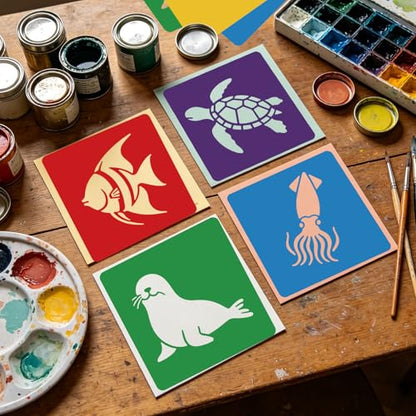 CUTHOLLOW Animals Fruit Plant Stencils, 24PCS 8-Inch Reusable Plastic | 24PCS 8-Inch Animals, Fruit & Plant Shapes, Reusable Washable Plastic, Painting, Crafts, Wall Art & Sidewalk Chalk - style: Marine Creatures