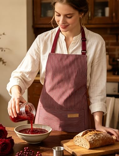 2 Pack Kitchen Cooking Aprons, Soft Aprons for Women Men with 2 Pockets Chef Apron with Adjustable Neck Strap and Long Tie - color: Red/Black