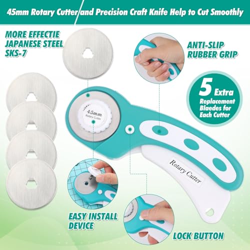 Rotary Cutting Mat and Tools Set, Audab 45mm Fabric Cropping Cutter Wheel with A3 Self Healing Sewing Mat, Blades, Quilting Ruler and Clips, Crafts Knife for Shirt Cloth Patchworking Scrapbooking