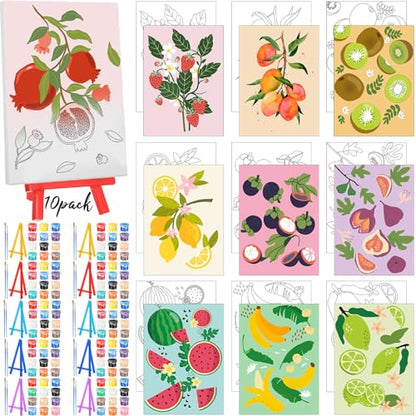 Blosssound 10 Set Pre Printed Canvas Pre Drawn Canvas Painting with Easel Kits 5" x 7" Outline Painting Panels for Beginners, DIY Craft Project, Home Decors(Fruit) - style: Fruit