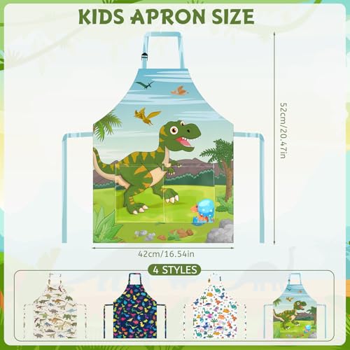 PLULON 4 Pcs Kids Aprons with Pockets Painting Apron for Kids, Dinosaur Kids Apron Adjustable Strap Dino Apron for Painting Cooking Baking Girls Boys Paint Dinosaur Party Supplies, 3-8 Years - color: Multicolor Dinosaur