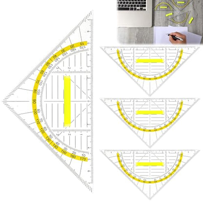 Multifunctional Triangle Ruler with Handle, 4 PCS Transparent Set Square with Protractor Plastic Triangle Ruler Set Drafting Triangles for Designers Architectors Engineers Geometry Drawing Tools