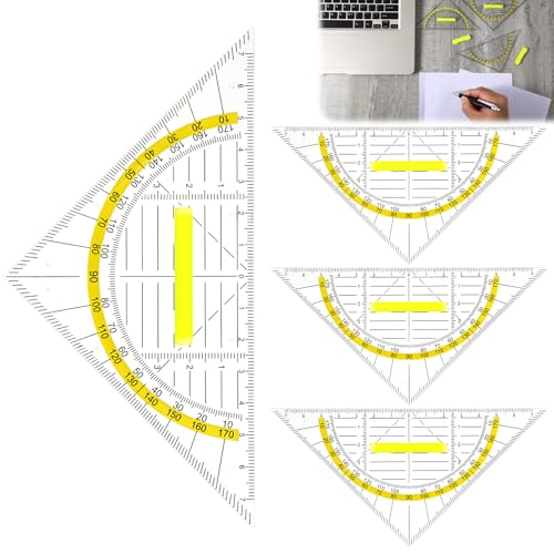 Multifunctional Triangle Ruler with Handle, 4 PCS Transparent Set Square with Protractor Plastic Triangle Ruler Set Drafting Triangles for Designers Architectors Engineers Geometry Drawing Tools