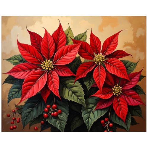 EnLvYY Poinsettia Bouquet Paint by Numbers for Adults 16x20 Inch, DIY Unframed Kit, Vibrant Red Poinsettias with Greenery and Berries, Gift for Christmas and Flower Enthusiasts - color: SNYY0385