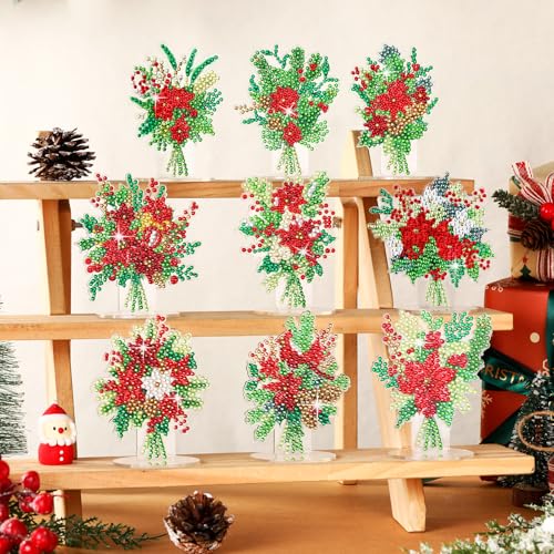 Kosiz 9 Pcs Christmas Poinsettia Flower Diamond Painting Tabletop Decorations Christmas Diamond Art Kits for Adults Double Sided Acrylic Table Centerpieces for DIY Crafts Home Party Decor Xmas Gifts - style: Christmas Flower