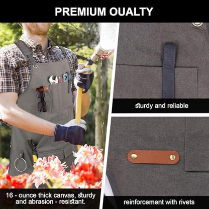 Men's Canvas Tool Apron, Heavy Duty Multi-Pocket Work Apron for Woodworking Gardening Bartender Adjustable Straps - color: Grey