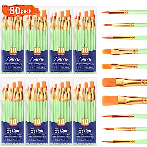 ESRICH Paint Brushes Set, 8 Packs 80 Pcs Acrylic Paint Brush | Acrylic Oil Watercolor, Face Nail Art, Miniature Detailing, Rock Painting, Painting Artist Professional Kits(Green) - color: Green, size: 80