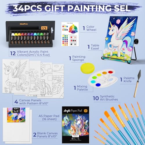 Nicpro 34PCS Kids Painting Set with Pattern Canvas for Beginner Students | 12 Acrylic Paints, 10 Brushes, 6 Canvas Panels, Table Easel, Paper Pad, Color Wheel, Palette, Art Painting Supplies Kit - color: 12 Colors