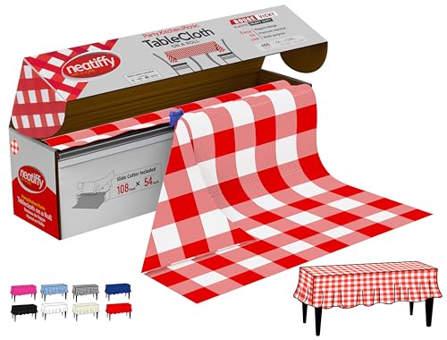 Neatiffy Disposable Plastic Tablecloth Roll | Indoor/Outdoor Table Cloth | Table Cover for Rectangle, Square, Round Tables | Picnic, Party, Banquet, Birthday, Wedding - 54 in x 108 ft - Red Checkered - color: Red Gingham