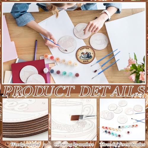 Reallnaive 8 Pcs Coffee Paint by Numbers Kit for Adults Wooden Coaster | Mini Paint by Numbers, Tiny Brown Round Oil Painting Drink Coaster with Holder, for Small DIY Craft Birthday Gift - style: Coffee
