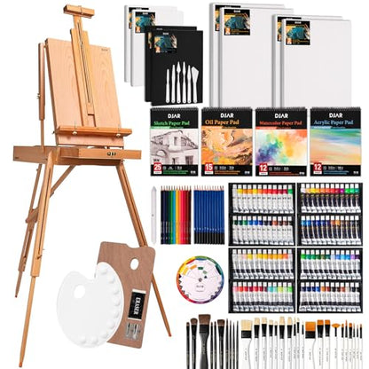 DJAR 169-Piece Wooden French Easel Art Painting Kit for Adults | Portable Plein Air Artist Supply Kit with 48 Acrylic, 24 Watercolor & 24 Oil Paints, Gift for Artists, Students & Beginners