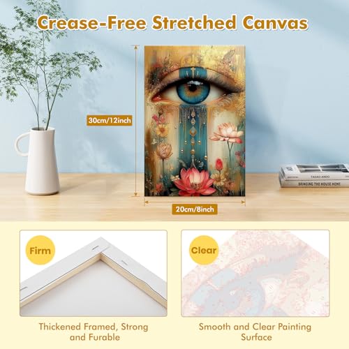 Bowetile Framed Paint by Numbers Eye Kit for Adults Beginners, Adults' Paint-by-Number Kits on Canvas, Painting by Numbers Lotus, Acrylic Vintage Number Painting for Home Wall Decor, 8x12in - color: Eye and Lotus