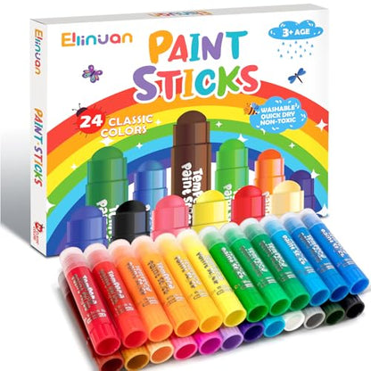 Ellinjan Tempera Paint Sticks For Kids, 24 Colors, Washable & Quick-Drying Twistable Solid Paint, Mess-Free Art Supplies for Drawing & Painting, Ideal Toddler Arts and Crafts Gifts