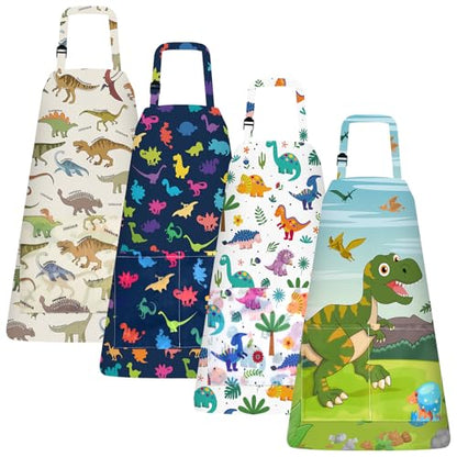 PLULON 4 Pcs Kids Aprons with Pockets Painting Apron for Kids, Dinosaur Kids Apron Adjustable Strap Dino Apron for Painting Cooking Baking Girls Boys Paint Dinosaur Party Supplies, 3-8 Years - color: Multicolor Dinosaur