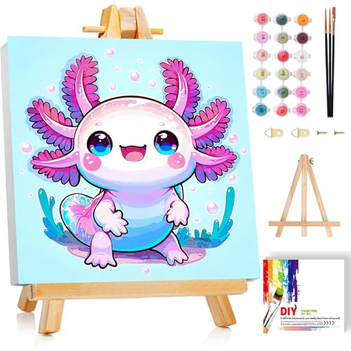 Gemozaic Axolotl Paint by Numbers Kit for Kids with Frame & Easel, 8x8 in | Cute Animal Paint by Number for Kids Ages 4-8-10-12, DIY Acrylic Painting by Numbers for Teens Boys Girls for Birthday Gift - color: BKH2333