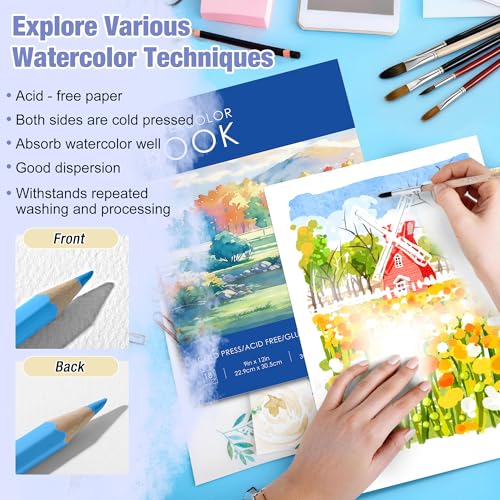Creazic Watercolor Paper Pad, 9"x12", 140lb/300gsm Cold Press Artist Paper - color: Blue, size: 9" x 12" Glue Bound