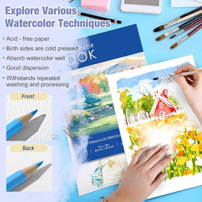 Creazic Watercolor Paper Pad, 9"x12", 140lb/300gsm Cold Press Artist Paper - color: Blue, size: 9" x 12" Glue Bound