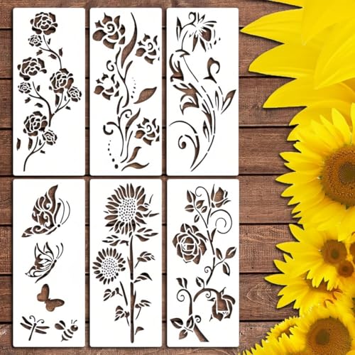 6 Pcs Large Flower Stencils for Painting, 5.9 X 13.7 Inch Flower Stencils for Crafts Reusable, Wood and Wall Stencils for Painting Large Pattern, DIY Templates Holiday Wall Paper (F) - style: F