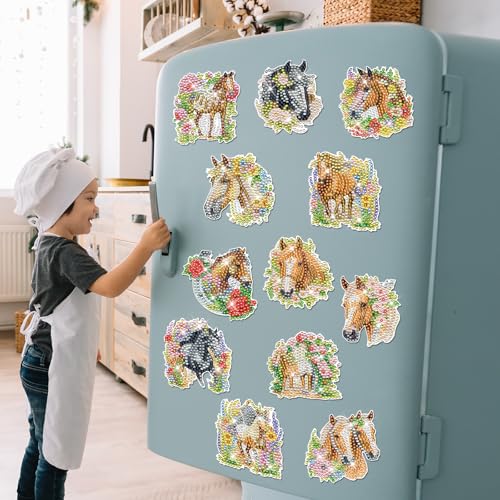 INCOK Diamond Art Refrigerator Magnets - 12 PCS Horse Diamond Painting Fridge Magnet Stickers Kits DIY Refrigerator Diamond Art Craft for Adult Beginners Home Decors Christmas Gift Horse Lover - color: Horse